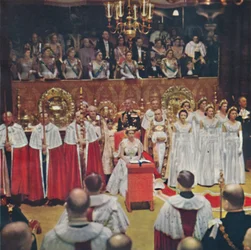 The Queen, after her entry into the Abbey Church of Westminster, is seated in her Chair of Estate
