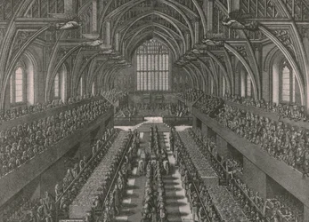The Banquet in the Great Hall at the Palace of Westminster...Coronation of James II in 1685, 1902
