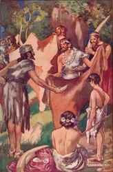 The beginnings of commerce: primitive people bartering ivory tusks and bull hides