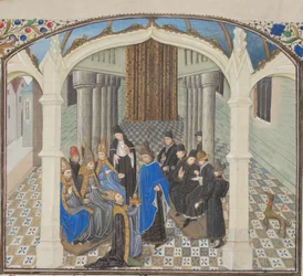 The coronation of Baldwin II in 1118. Miniature from the Historia by William of Tyre, 1460s