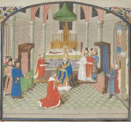The coronation of Baldwin I on Christmas Day 1100. Miniature from the Historia by William of Tyre, 1460s