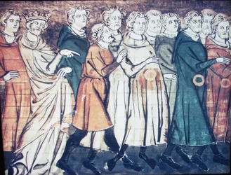 The expulsion of Jews from France in 1182. A miniature from Grandes Chroniques de France, 1320s