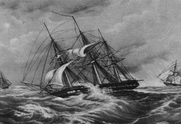 The frigate Kreiser and the sloop Ladoga at the coast of America