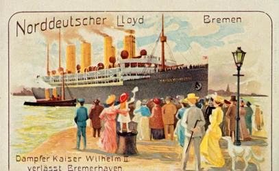 The giant SS Kaiser Wilhelm II pulls away from the quayside at Bremerhaven, Germany, 1905