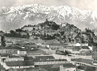 The hill of Santa Lucia with the Andes in the background, Santiago, Chile