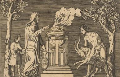 The Sacrifice of a Ram Held by a Naked Man at Right, Hooded Priest at Left