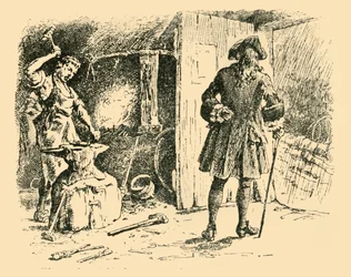 The strokes of his hammer on the anvil kept time to his song