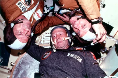 The two crews of the joint US-USSR ASTP docking in Earth orbit mission