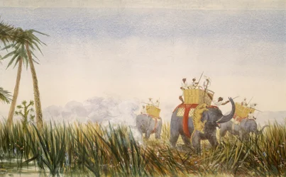 Tiger attacking an elephant, part of the London to Hong Kong Panorama