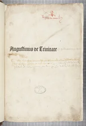 Title page of De Trinitate and De Civitate Dei cum commento, written by Augustine of Hippo