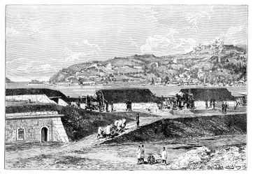 Turkish batteries and the entrance to the Bosphorus at the Black Sea, Turkey, 1895