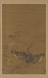 Two Geese Feeding in a Lotus Pond