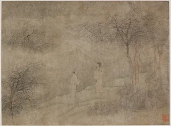 Two men walking in misty grove, Ming dynasty, 1368-1644