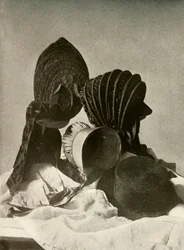 Two Silk Calashes, Riding-Cap, Quaker Bonnet, Hat, Gloves, and Skirt, 18th Century, 1937