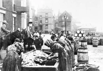 Scottish Herring Gutters at Work in Scarborough, c1890
