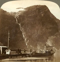 Utigards Falls from Ravnefjeld glacier at Lake Loen - from Naesdal, Norway