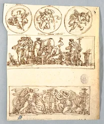 Venus at Forge of Vulcan, Winter, Victories and Three Roundels, Putti as Elements