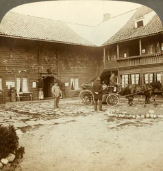 Victoria Hotel, adorned with reindeer antlers, at Kongsberg, in rugged Norway, c. 1905