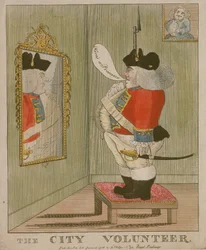View of a Portly City Volunteer Admiring Himself in the Mirror, 1785