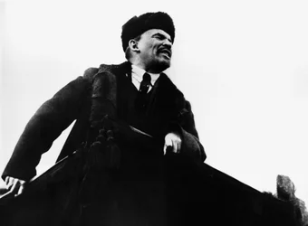 Vladimir Ilich Lenin, Russian Bolshevik revolutionary leader, speaking from a rostrum