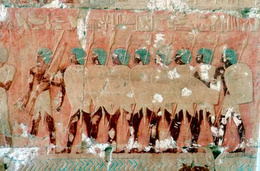 Wall painting of Egyptian soldiers on the expedition, Temple of Queen Hatshepsut, Luxor, c1470 BC