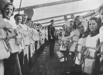 War Time Lifebelt Drill on Board an Ocean Liner