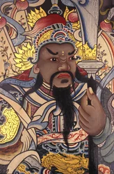 Wat Pho Buddhist Temple Guardian Painted on Door, Bangkok, Thailand