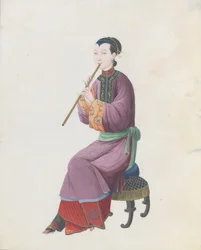 Watercolour of musician playing xiao