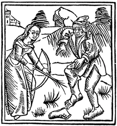 Witch shooting a man in the foot with an enchanted arrow made from a hazel wand
