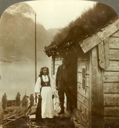 Young farmers of the Nordfjord country - before their cottage home, Norway