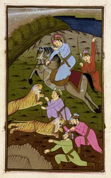 Akbar on a tiger hunt from the Akbarnama, Mughal, c.1590