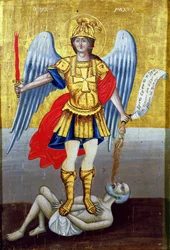 Archangel Michael: Greek icon from the Cyclades, dated 1817 with contemporary frame