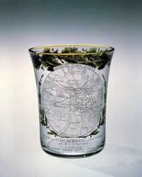 Blown, stained and enamelled beaker decorated by Samuel Mohn, 1813-14