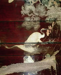 (detail) from a Coromandel screen showing herons, 1619 (lacquer)