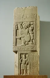 Greenish Limestone Pillar with a Dancing Dwarf and a Scythian Soldier, Nagarjunakonda, AP, 3rd Century AD