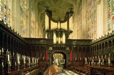 Interior view showing aisle and organ, Kings College Chapel, Cambridge