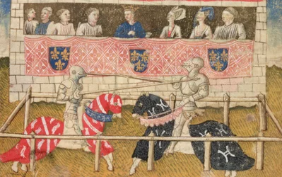 John Chalon of England and Lois de Beul of France jousting, from the Royal Armoury Manuscript, 1448