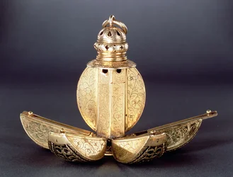 Pomander with four open compartments used to hold perfumes or other aromatic substances, silver-gilt, probably English, c.1580