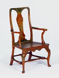 Queen Anne red japanned armchair with cabriole legs, c.1710
