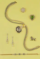 Selection of jewellery: Art Deco style cultured pearl necklace with yellow and blue sapphires; diamond and pearl pendant earrings; opal and rose diamond cluster star brooch; rose diamond poodle brooch