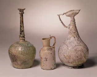 Sprinkler Bottle of Mould-Blown Glass, 10th-11th Century; Jug with Tooled Swan Necked Handle, 10th-12th Century; Ewer, 6th-8th Century
