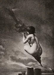The Witch on her Broomstick, after a work by L. R. Falero. From Illustrierte Sittengeschichte vom Mittelalter bis zur Gegenwart by Eduard Fuchs, published 1909.