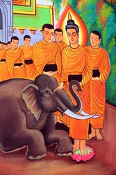 Wat Si Muang (Simuong) Buddhist Temple. Painting Depicting the Life Story of Shakyamuni Buddha. A Wild Elephant Tamed by Loving-Kindness, Vientiane, Laos, 2015
