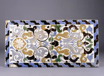 Nasrid Dynasty Pottery Cuerda Seca Tile Panel with Interlaced Arabesques and Palmettes
