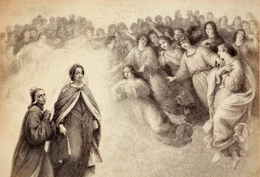 A flock of shades approach Dante and Beatrice. Illustration of the Canto V of Paradiso of The Divine Comedy of Dante Alighieri. Work of Francesco Scaramuzza dedicated to the Municipality of Florence