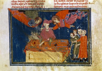 A group of infirm people and a lord doing a work of mercy by giving them assistance