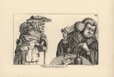 A plump rich vicar with tobacco pipe and liquor ignores the entreaties of a poor old woman. Copperplate engraving by Thomas Sanders after a satirical illustration by Timothy Bobbin (John Collier) from Human Passions Delineated, John Haywood, Manchester
