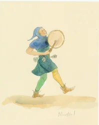 A Reconstruction Drawing of a Medieval Minstrel Playing a Percussion Instrument, Possibly a Tabor
