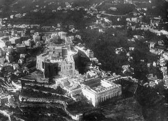 Aerial view of Naples, Italy showing the medieval hilltop fortress Castel Sant