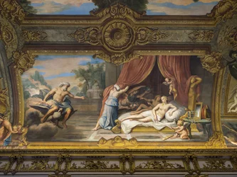 Allegory of Fire Representing Jupiter and Semele, Louis XIII Visiting Anne of Austria. Painting of the Vault of the Galerie Doree, by Francois Perrier